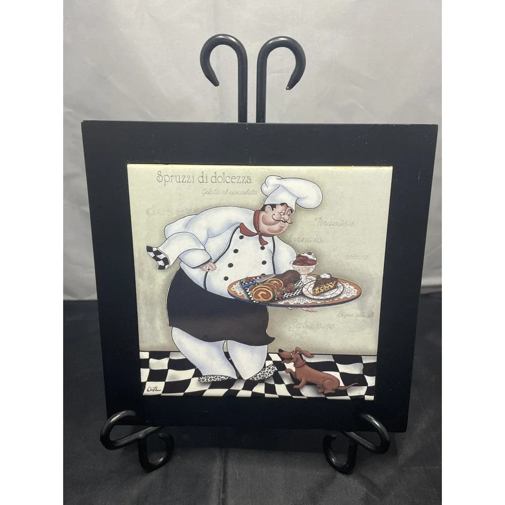 4PC.Set Ceramic‎ Tile Cook Chief Desing With Wood Frame Kitchen Decor